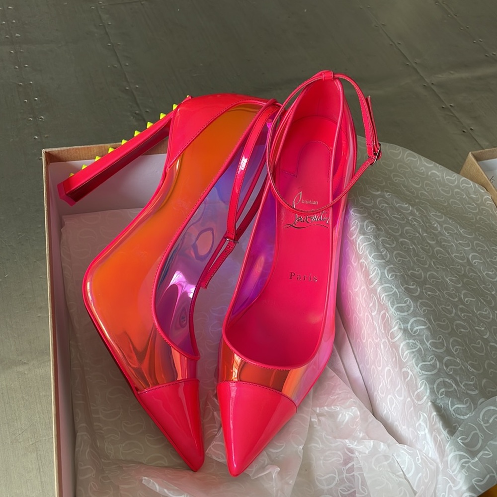 Christian Louboutin debout condorapik pink fluo neon yellow spike pump sz 39 - Picture 12 of 14